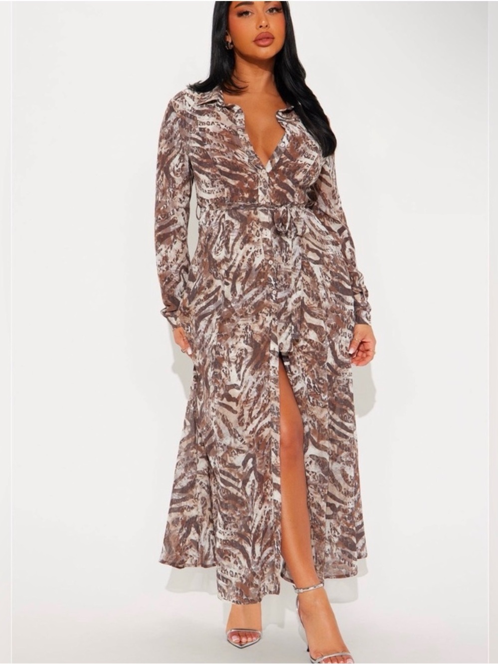 Fashion Nova Brown Printed Button-Front Maxi Dress with Slit